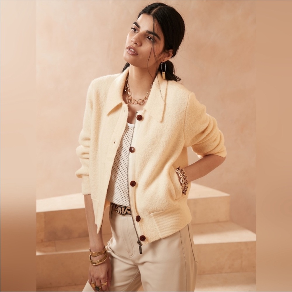 Banana‎ Republic Heritage Sweater Bomber Cardigan Wool Blend Cream Size L